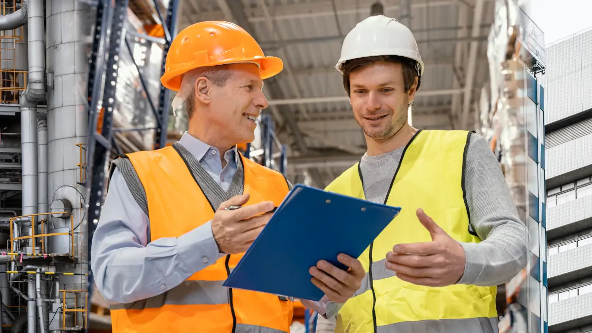 Fachkraft für Arbeitssicherheit im Gespräch vor Industrieanlage, Gewerbehalle und Bürogebäude